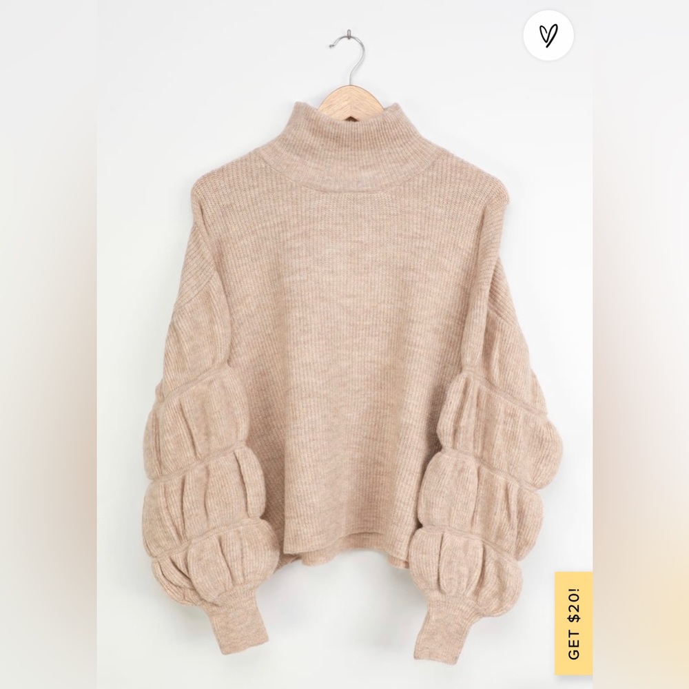 Lulu's Live Laugh and Cozy Beige Tan Tiered Puff Sleeves Turtleneck Sweater S